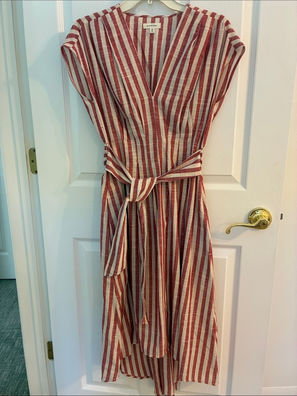 Max Studio Red and White Striped V-Neck Belted Midi Dress